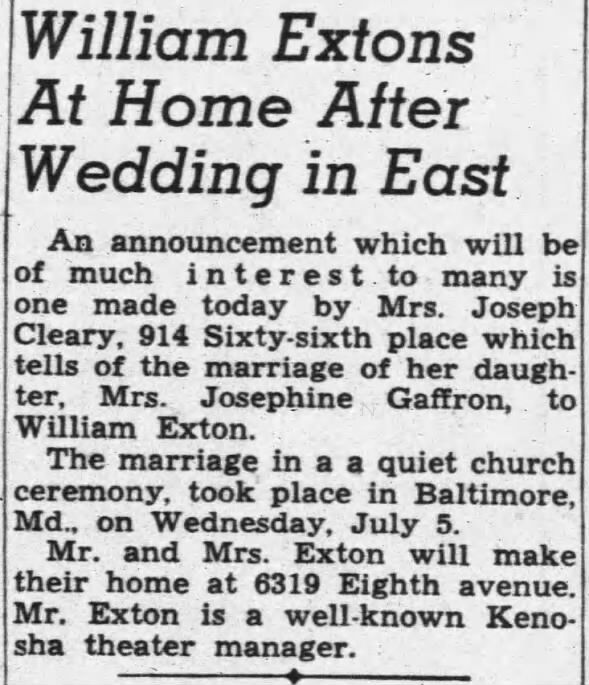 Gaffron(Cleary)-Exton Marriage 5 Jul 1944